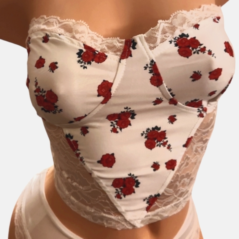 CROP TOP S ROSES & LACE STRETCH COQUETTE TOP